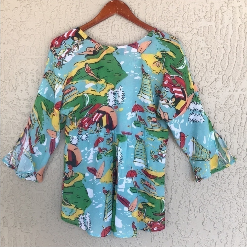 Riachuelo Daslu Scenic Beach Print V Neck Blouse Top - Picture 3 of 8